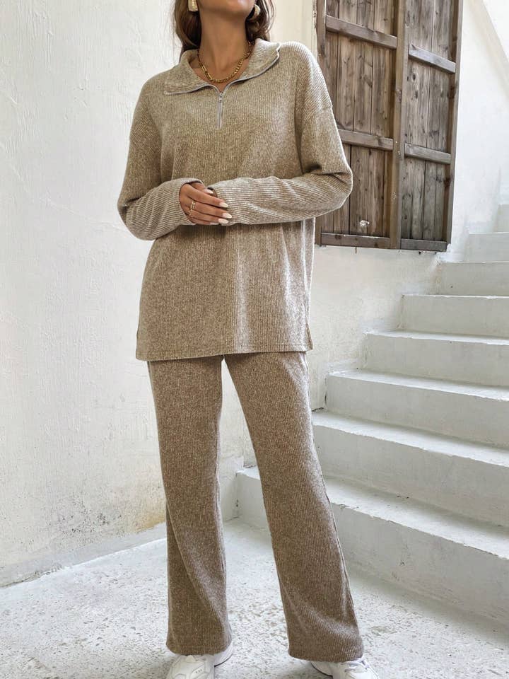 Whisper Mint - Vente Ensemble de vêtements d'intérieur – femme - Haut et pantalon côtelés à demi-fermeture éclair