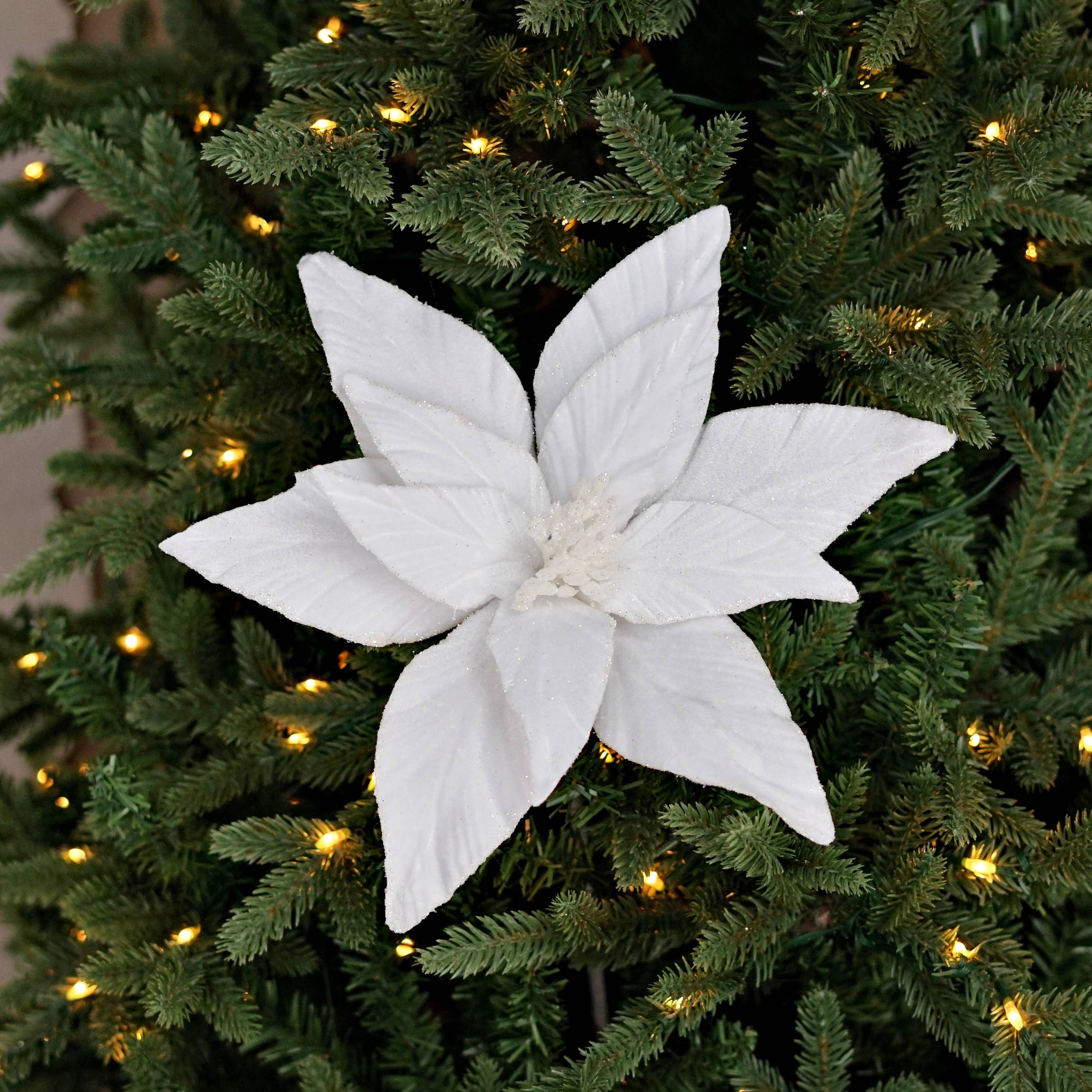 Holiday Depot Inc. - Wholesale Christmas Decoration - ISB73685- 12inD x 24inL Velvet Holly Point Poinsettia-White0