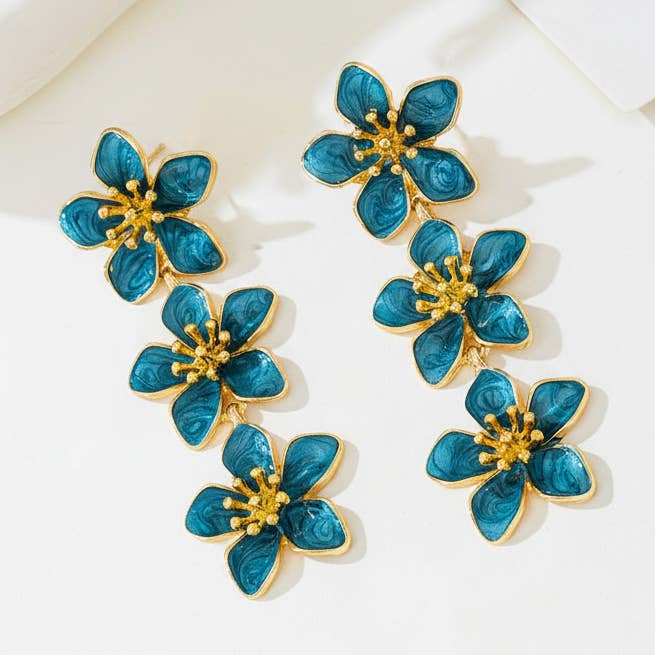 Gold Plated Blue 3 Petals dangle Earrings for wholesale by GirlyPirateCo