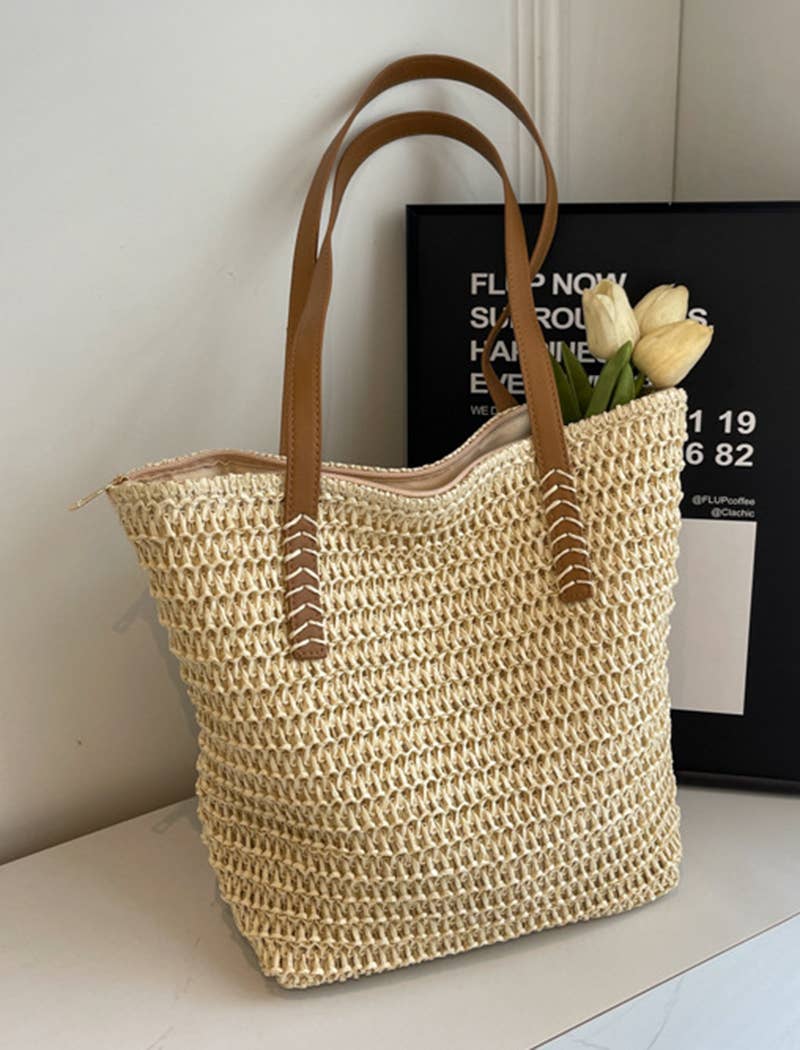 EmberLoom - Wholesale Beach Bag - Woven Straw Tote with Leather Handles0