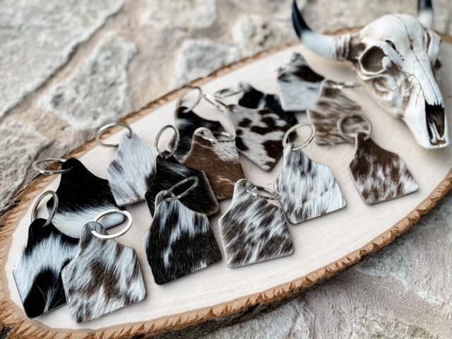 Boho Ranch Shop – wholesale Keychain – Women's – Cowhide Eartag Keychain | Cow Cattle Ear Tag Hair On Cowhide3