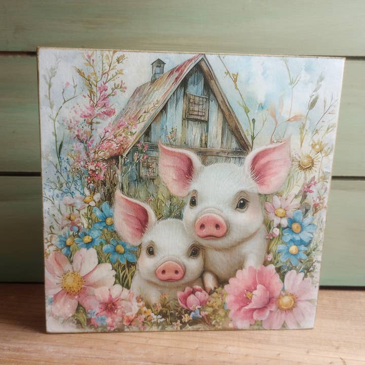Spring Barn Wood Block Sign - Pigs - Flower Piglooza for wholesale by Bluegrass Burlap Co