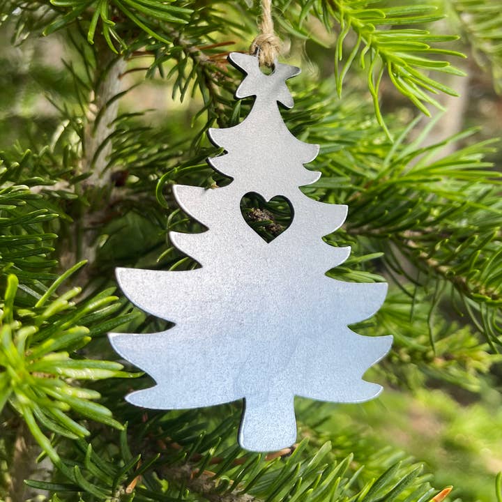 Christmas Tree Raw Steel Metal Ornament with Heart for wholesale by BE Creations & Designs, Inc.