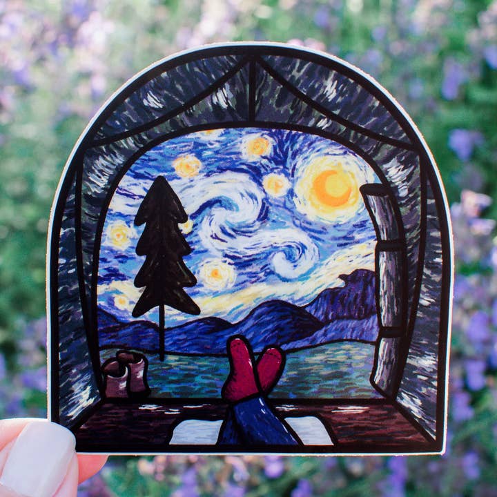 Starry Night Camping Vinyl Sticker for wholesale by Wild Peonies Studio