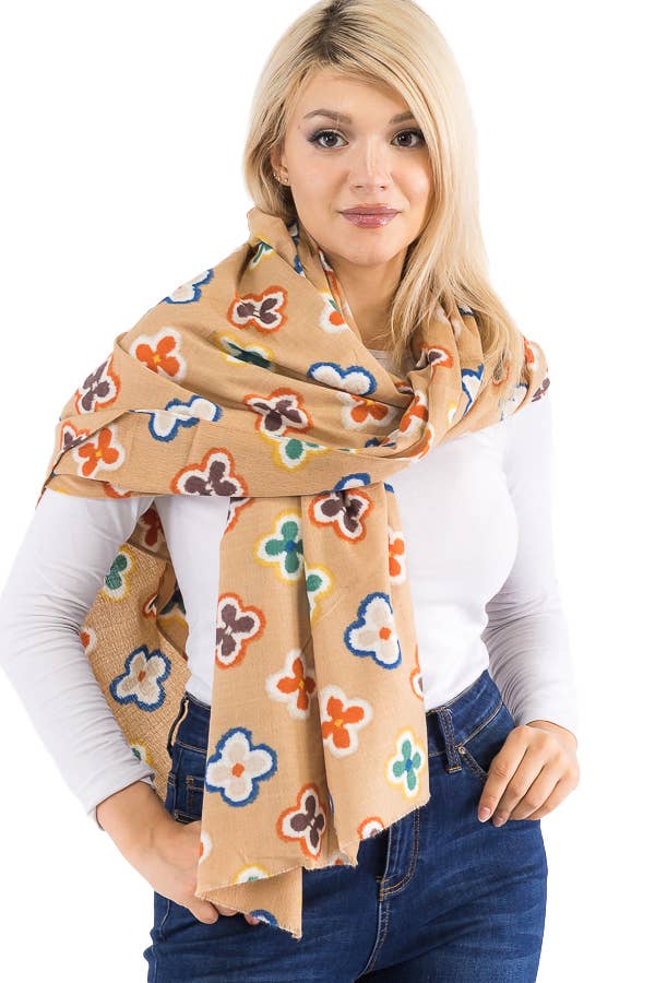 Cap Zone – Großhandel Schal – Damen – Mehrfarbiger länglicher Schal aus Kaschmirimitat mit Kleeblatt-1