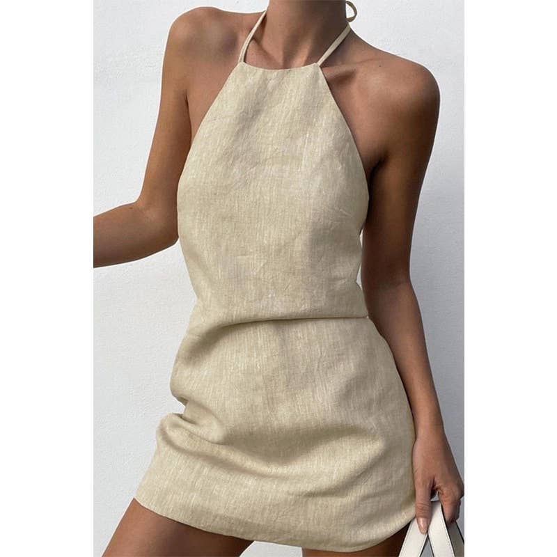 Paperdoll - Wholesale Dress - Women's - Cotton Linen Halter Lace up A line Dress 0