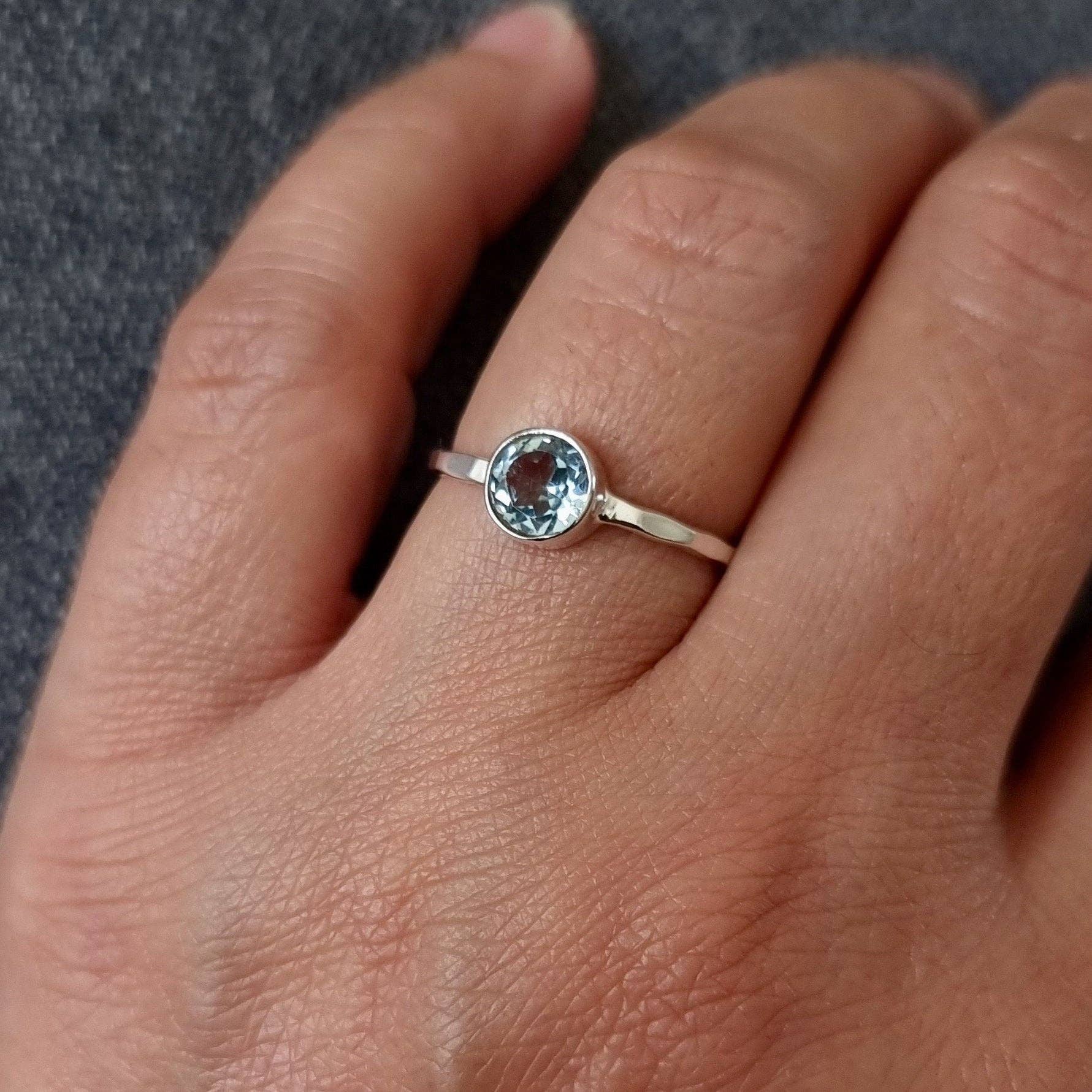 Mistry Gems - Wholesale Band/Stacked Ring - Solitaire 6mm Round Blue Topaz Ring | Hammered 925 Silver4