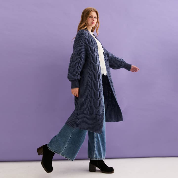 Cara & The Sky - Wholesale Cardigan - Women's - Alex Cable Balloon Sleeve Maxi Cardigan - Denim