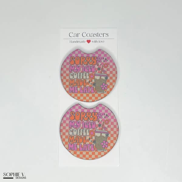 Iced Coffee Made Me Late Car Coaster for wholesale by Sophie V. Designs