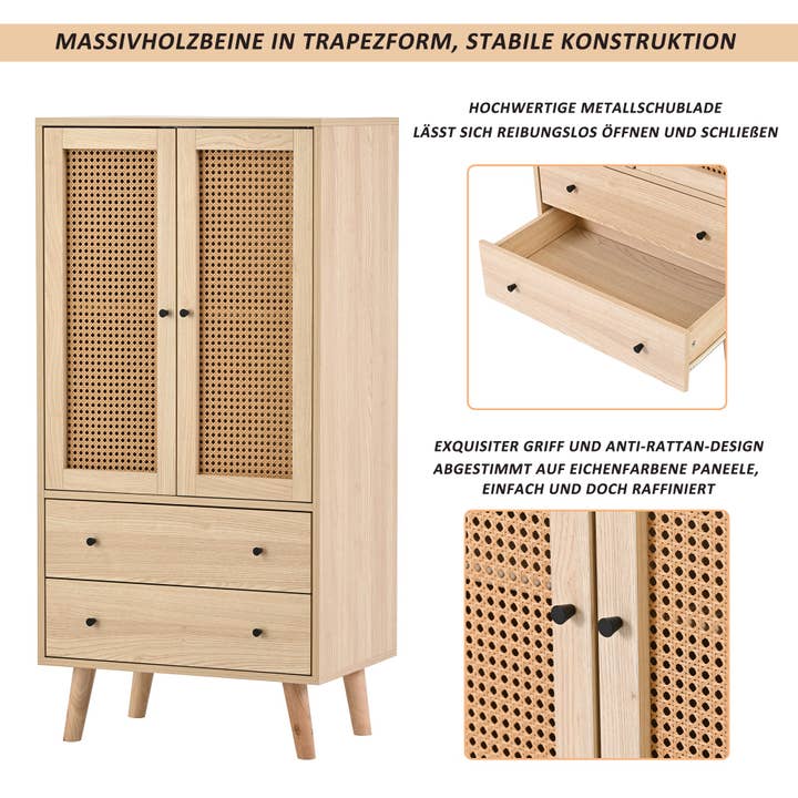 Urban Meuble - Wholesale Cabinet - Wood-effect sideboard with rattan doors and 2 drawers, solid wood legs FENMUCK7