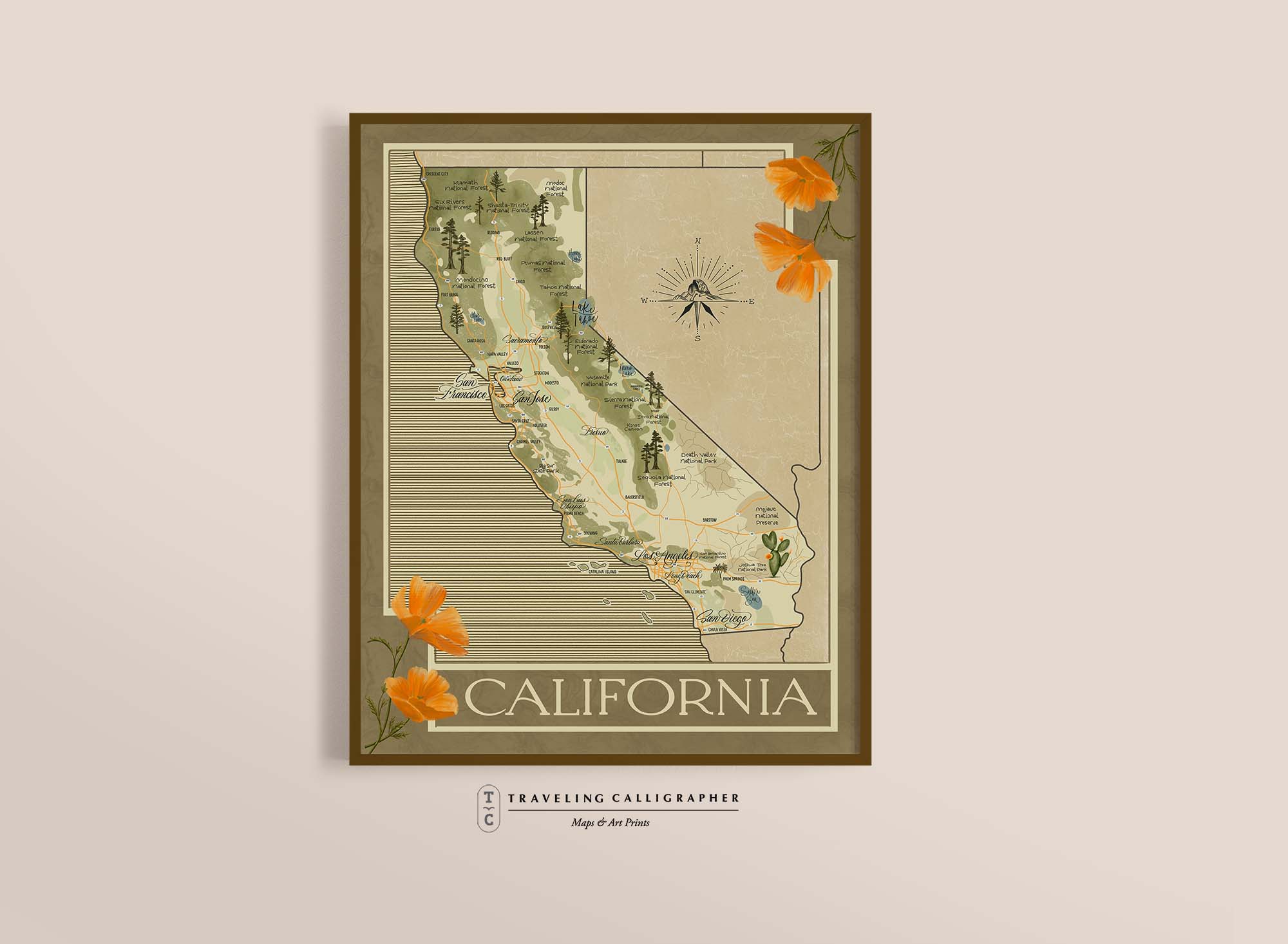 Traveling Calligrapher - Wholesale Art Print - California Map Print (3 sizes)