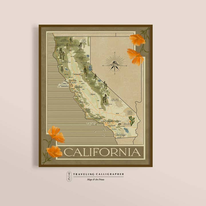 Traveling Calligrapher - Wholesale Art Print - California Map Print (3 sizes)