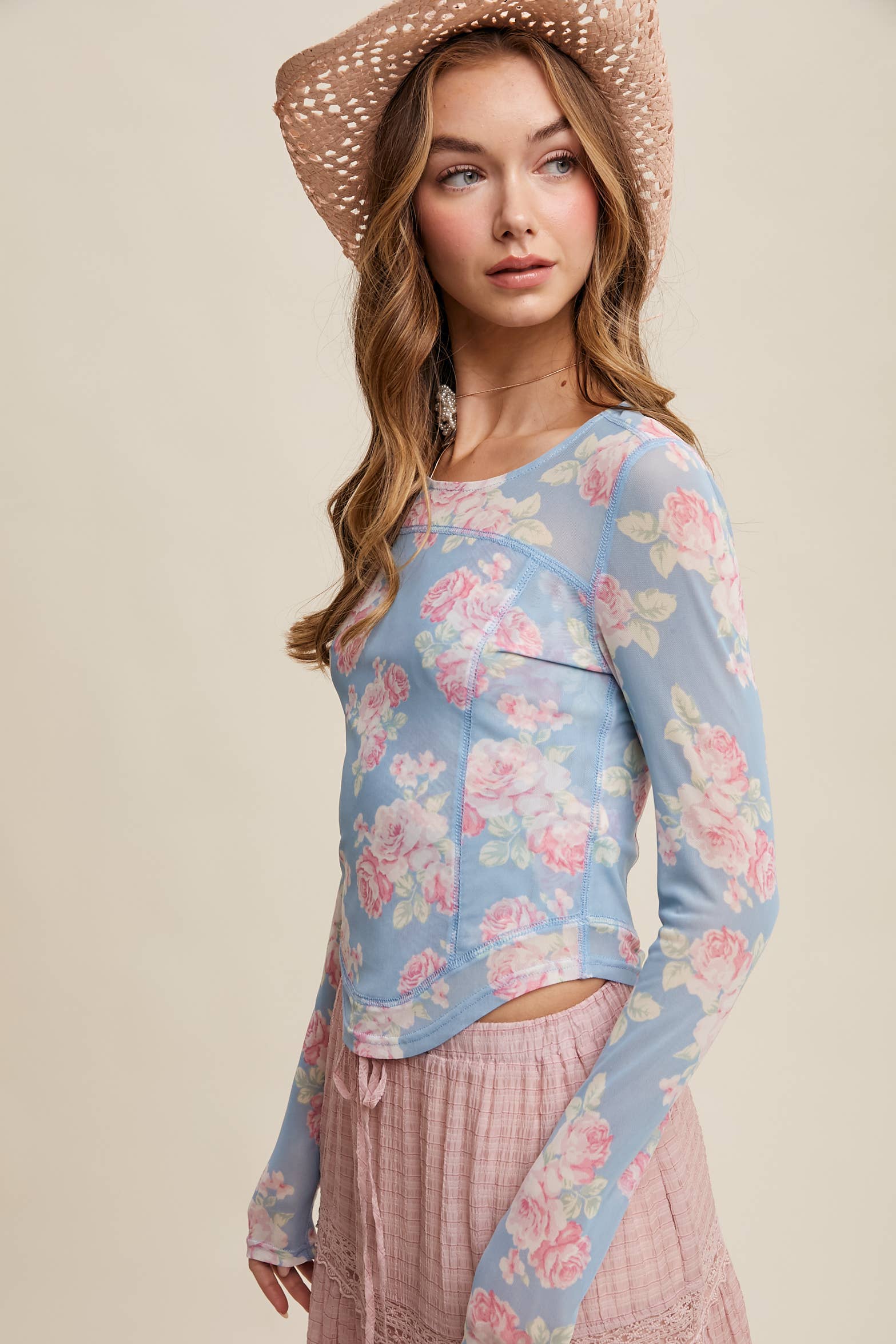 Listicle - Wholesale T-Shirt - Women's - Floral Mesh Long Sleeve Layering Top4