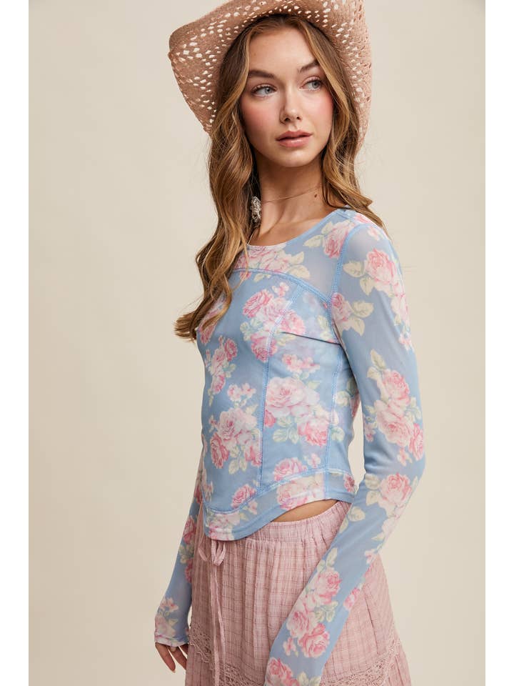 Listicle - Wholesale T-Shirt - Women's - Floral Mesh Long Sleeve Layering Top4