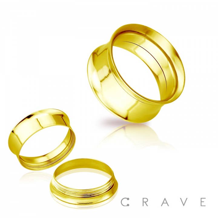 GOLD PVD PLATED 316L SS DOUBLE FLARED SCREW-FIT TUNNEL PLUG for wholesale by CRAVE BODY JEWELRY