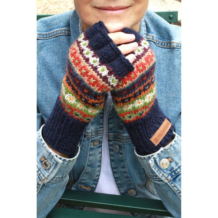 Un color Colorado - Guantes sin dedos de punto Fair Isle azul oscuro para mujer de venta al por mayor en Faire