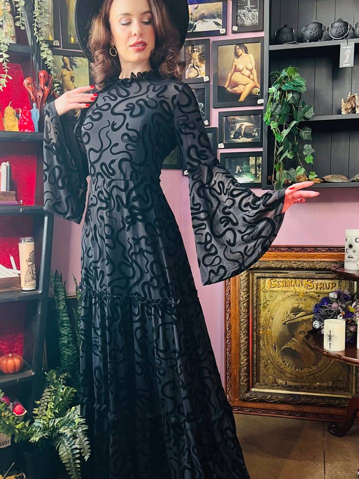 Witchwood Bags - Wholesale Dress - Women's - Sloane - Velvet Flocked Snake Maxi Dress - READY TO SHIP1
