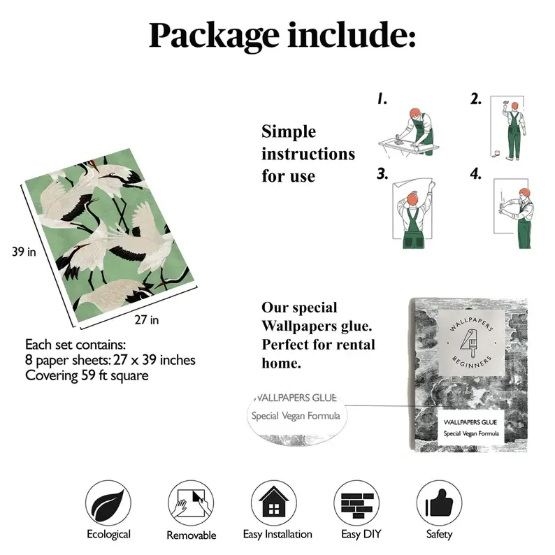 Wallpapers4Beginners - Vente Papier peint - Papier peint asiatique Héron vert, art mural vintage avec grues8