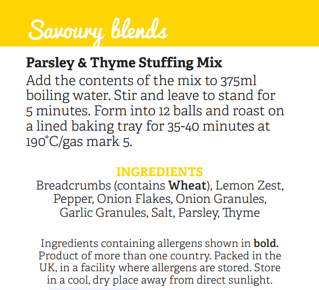 Carla's Foods Ltd – wholesale Dried spice mix – Carla's Parsley & Thyme Stuffing Mix3