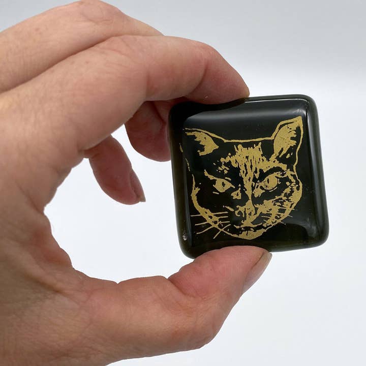 Mystical Black Cat Fused Glass 1.75" Magnet for wholesale by Kiku Handmade | Contemporary Fused Glass Home Goods