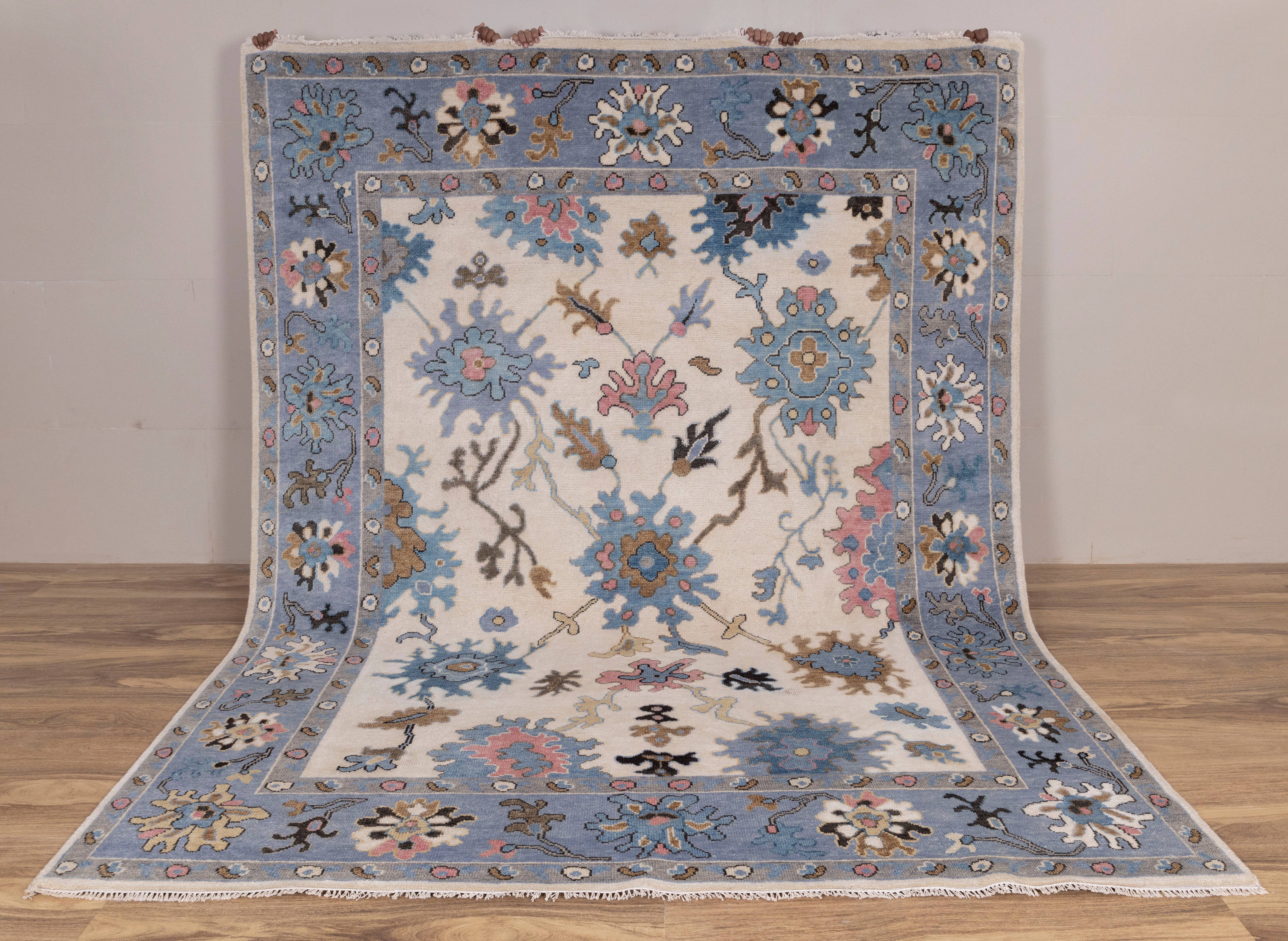 Aesthetic Homes LLC - Wholesale Area Rug - 9x12 Ivory Blue Oushak Wool Rug - Hand Knotted 84084