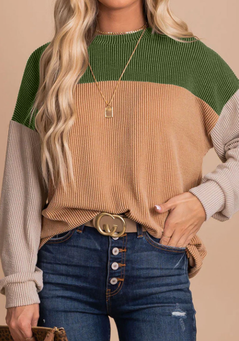 Lovesoft - Wholesale Knit Top - Women's - Khaki Block Long Sleeve Ribbed Loose Casual Top7