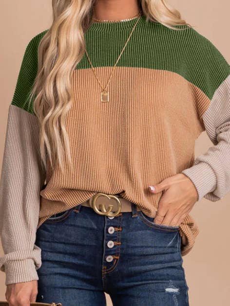 Lovesoft - Wholesale Knit Top - Women's - Khaki Block Long Sleeve Ribbed Loose Casual Top7