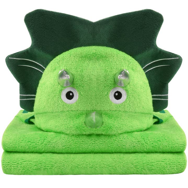 Toalla con capucha de bambú - dinosaurio verde 3D para venta al por mayor de Kloud Bambu | Bamboo Towels & Blankets