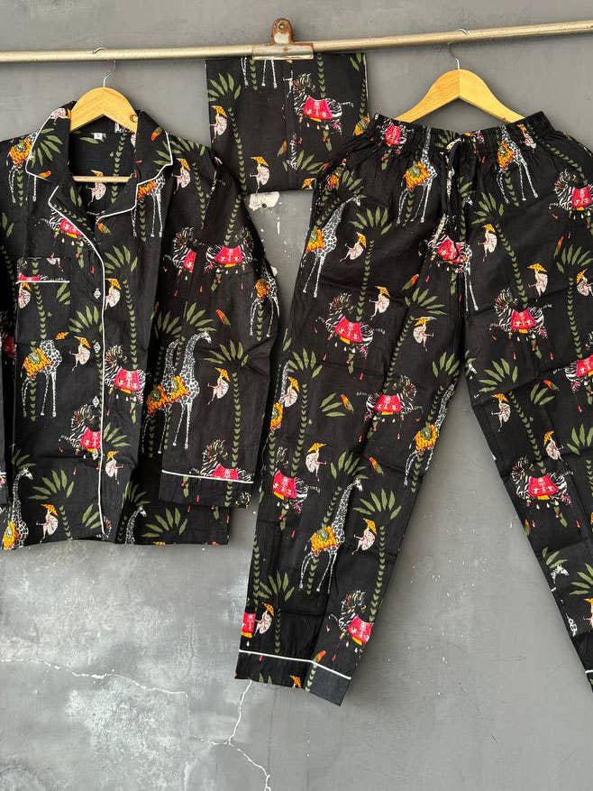 Conjunto de camisa de calças femininas de algodão estampado em bloco de noite com estampado em bloco PJ por atacado de bhavnas boutique