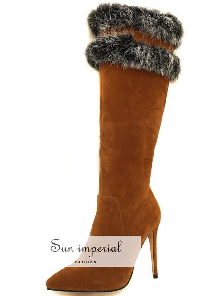Kvinnor Brun Spetsig tå Knästövlar med tunna Höga för wholesale av Sun Imperial