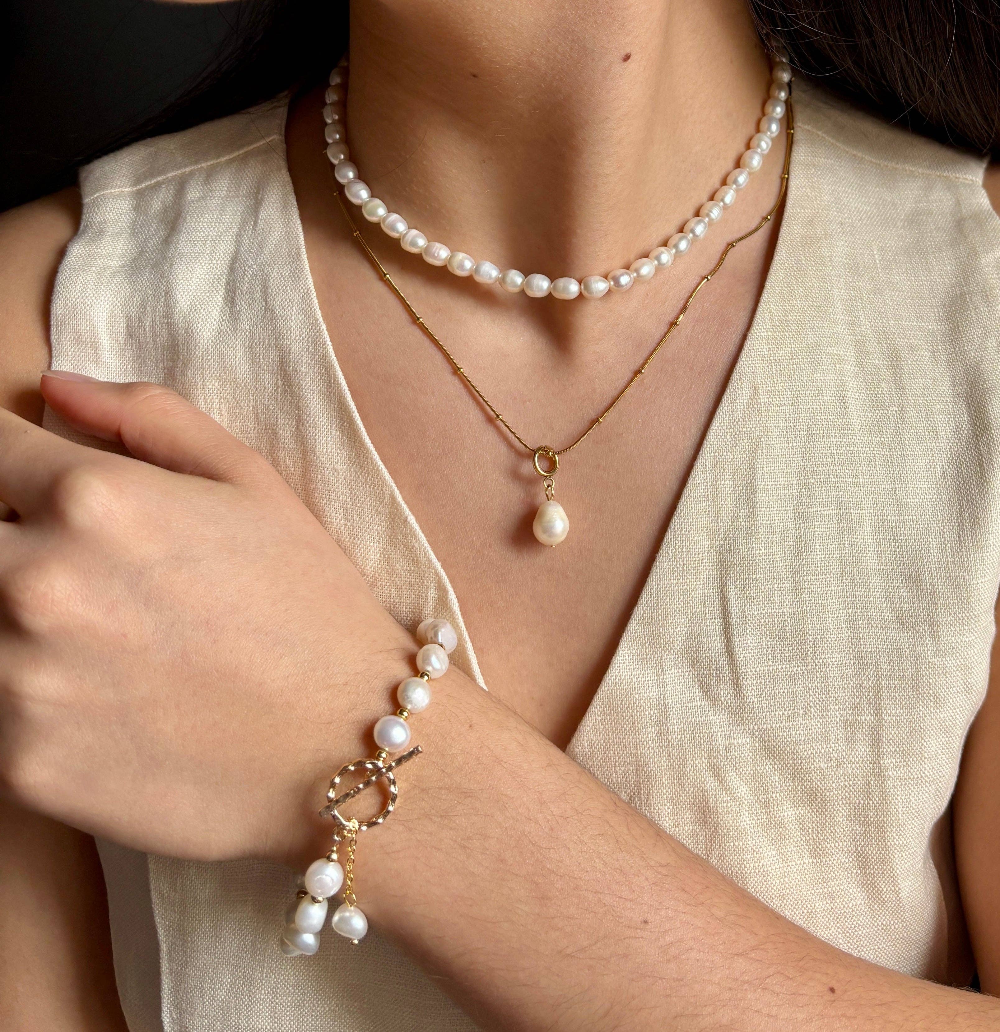 Ocean Ripples - Wholesale Beaded Bracelet - 14ct Gold Plated Fresh Water Pearl T- Bar Bracelet1