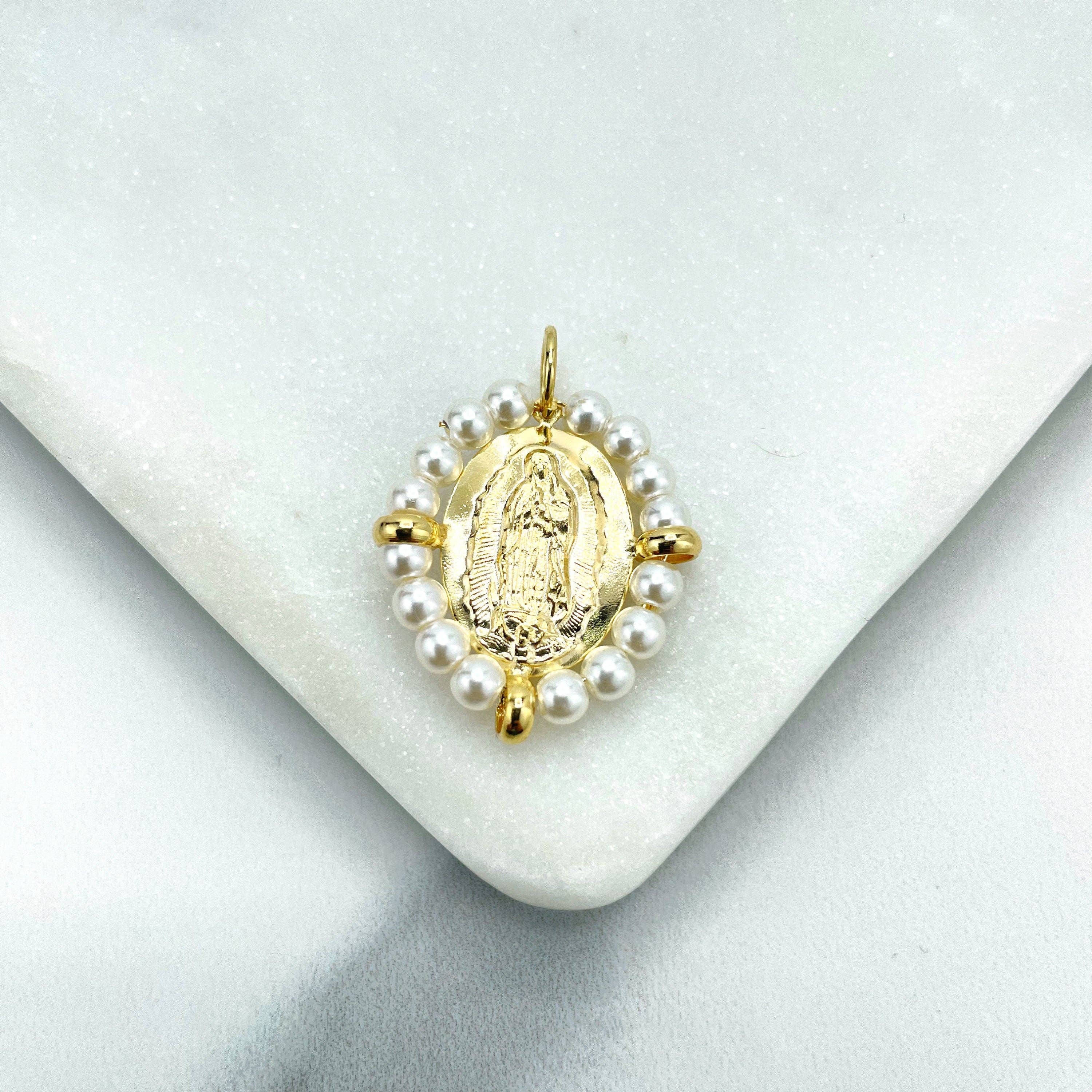DIJU Jewelry - Vente Breloques/médailles personnalisées - Pendentif en or 18 carats orné d'une médaille représentant la Vierge de Guadalupe, drapeau mexicain de la Vierge de Guadalupe ou pendentif en perles simulées, vente en gros de bijoux0