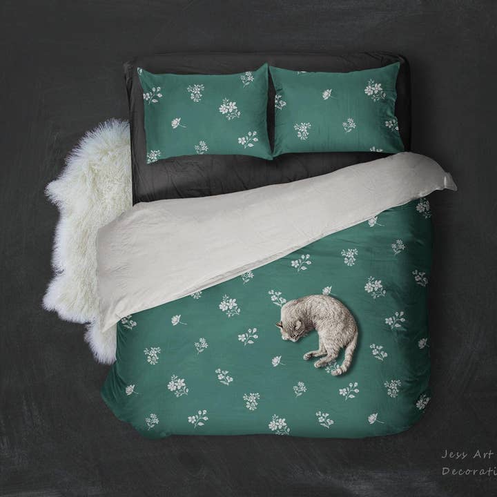3D White Flowers Pattern Green Background Quilt Cover Set Bedding Set Pillowcases 66 for wholesale by Jess Art Decoration