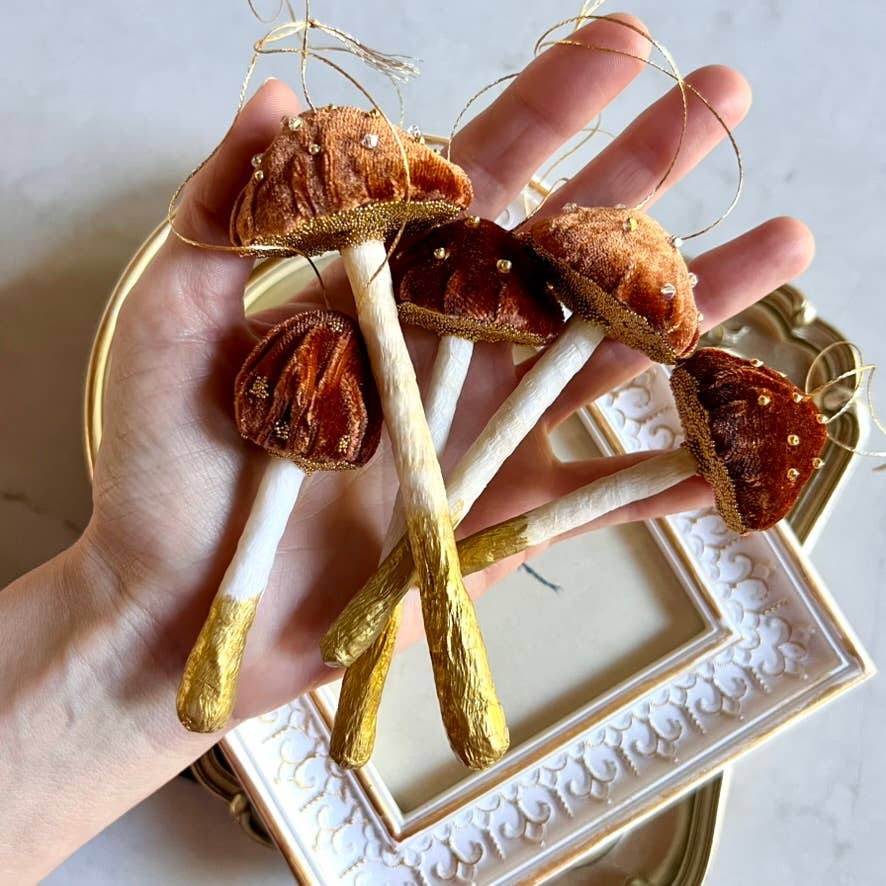 Wonder Objects - Wholesale Ornament - Sienna Velvet Mushroom Ornaments with Crystals and Beads4