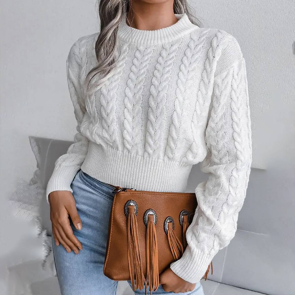 Lily Clothing - Wholesale Knit Sweater - Women's - WOMEN CHUNKY CABLE KNIT RIBBED CROP SWEATER_CWOSWL04670
