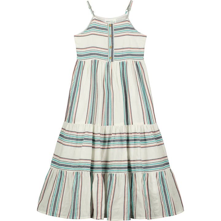 Button placket midi sundress in blue stripes for wholesale by Poppet & Fox