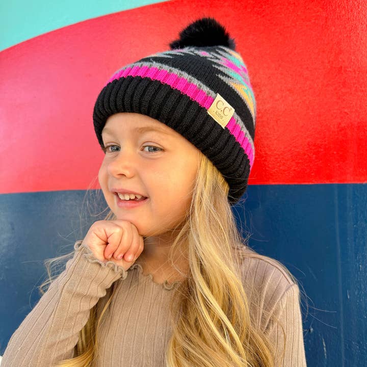 C.C Beanie - Wholesale Beanie - Kids - Kids' Southwestern C.C Beanie with Faux Fur Pom