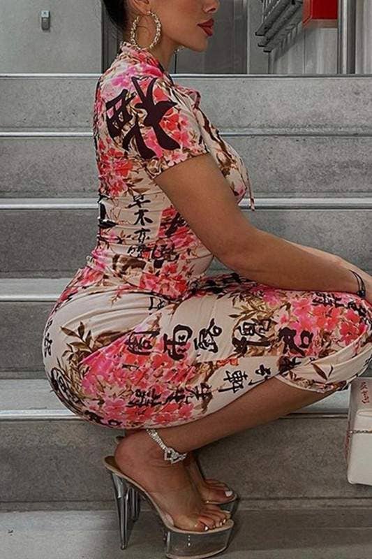 ROSE Robe chinoise midi à fleurs en vente sur Faire3