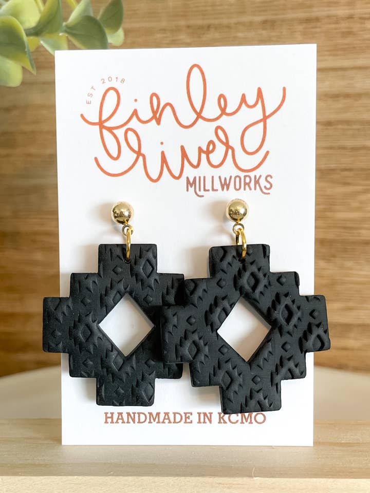 Handmade Polymer Clay Earrings | Unique Gifts for Her | Hypoallergenic Dangles | Aztec Textured Black for wholesale by Finley River | Trendy Polymer Clay Earrings | Hypoallergenic