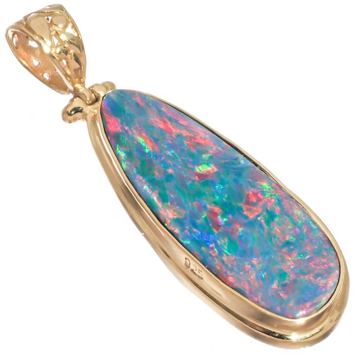 Pendentif en vermeil plaqué or avec opale australienne multicolore de grande taille en argent 925, 1 3/4" pour la vente par FifiRose