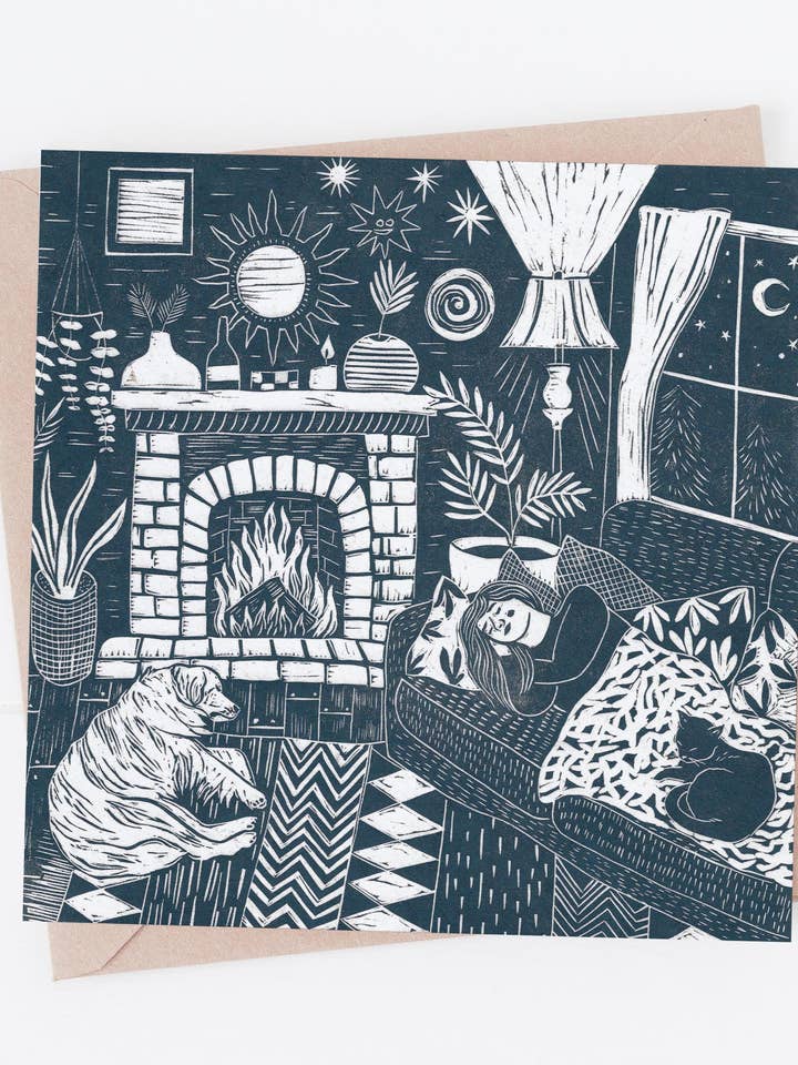 Nap Time card, cosy, winter, fire, cottage, dog, cat, boho for wholesale by Prints by the Bay