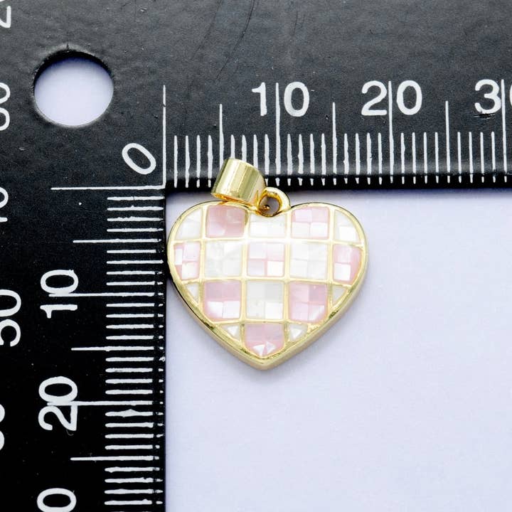 Aim Eternal - Wholesale Individual Charm/Pendant - 24K Gold Filled Pink-White Checkered Opal Heart Pendant | AA14531