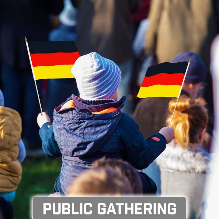 G128 - Wholesale Flag - G128 30 Pack Handheld Germany German Stick Flags | 8x12 In | Printed 150D Polyester, Country Flag, Solid Wooden Stick, Spear Gold Tip