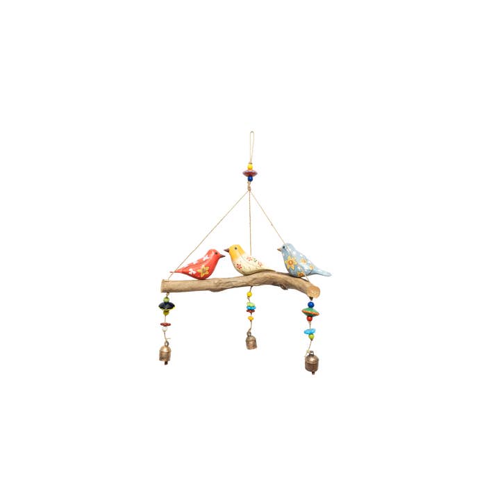 WY-478 - Oiseaux avec fleurs peintes à la main/bois/perles/cloches pour la vente par Moksha Imports
