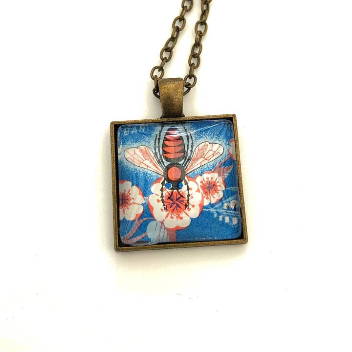 Postage Stamp Jewelry - Wholesale Pendant/Charm Necklace - 1963 Romanian Bee Stamp - Postage Stamp Jewelry - Vintage Postage Stamp Necklace - Antique Bronze