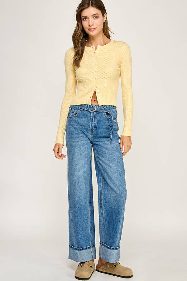 Denim Blue BELTED CUFFED WIDE LEG JEANS for wholesale on Faire1