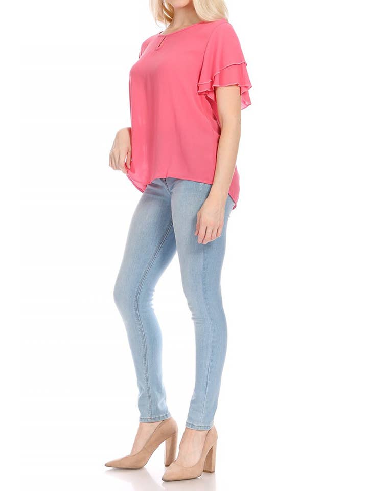 MOA COLLECTION - Wholesale Blouse - Women's - Casual Solid Flowy Short Flutter Sleeve Key Hole Blouse11