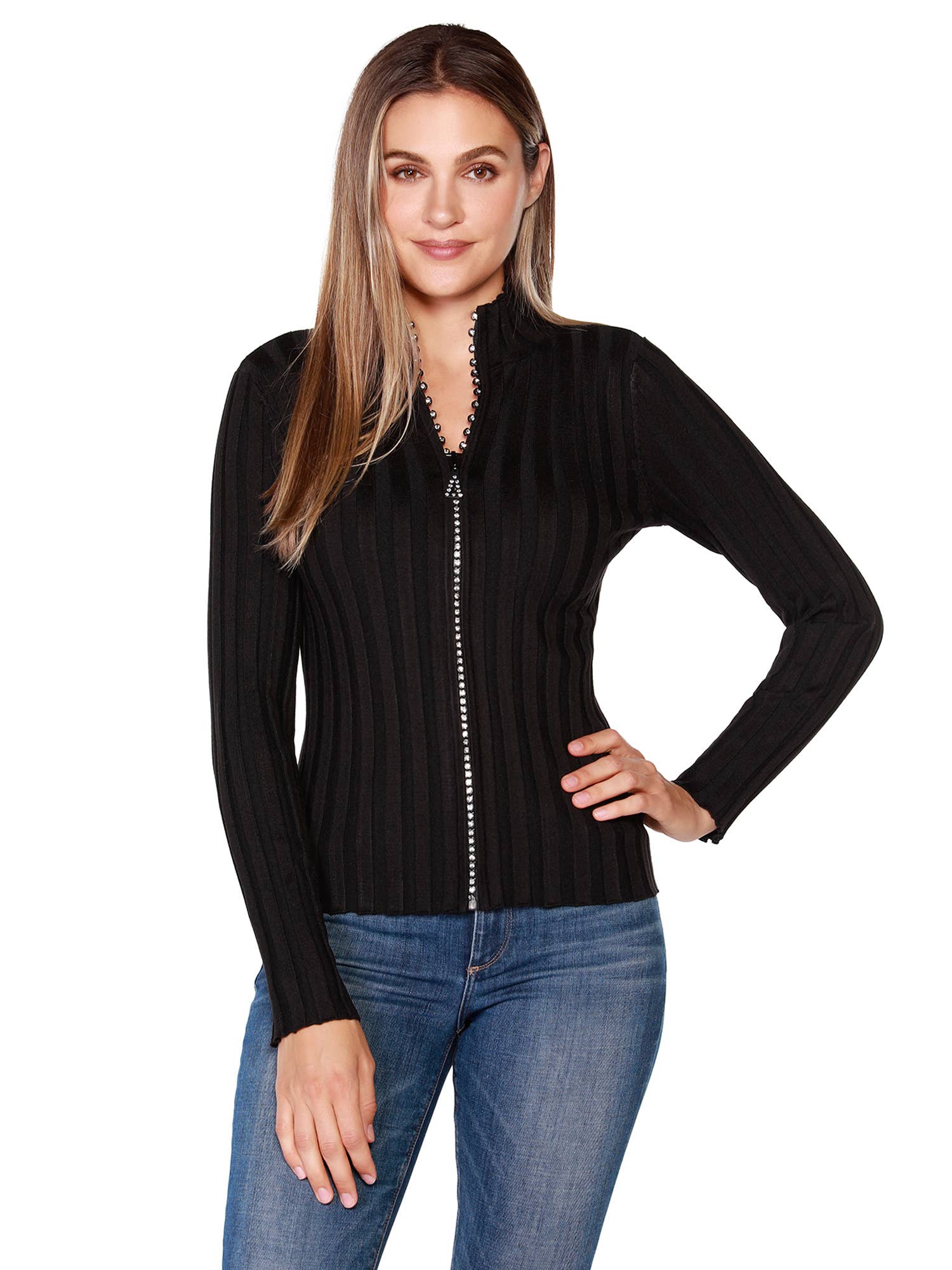 Belldini - Wholesale Knit Sweater - Women's - Women's Diamond Zip Front Mock Neck Sweater4