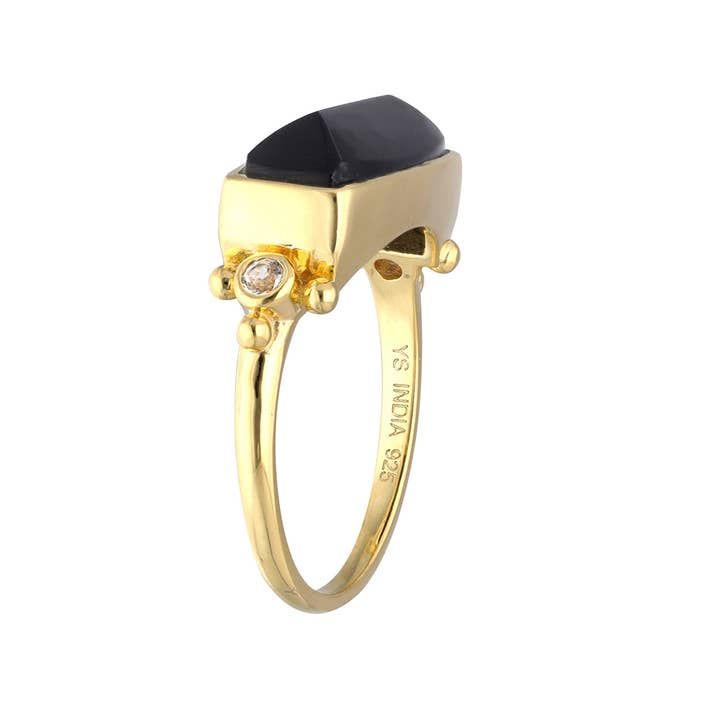 Tiramisu - Wholesale Cocktail/Statement Ring - Gold Plated 925 Silver Black Onyx White Topaz Statement Ring