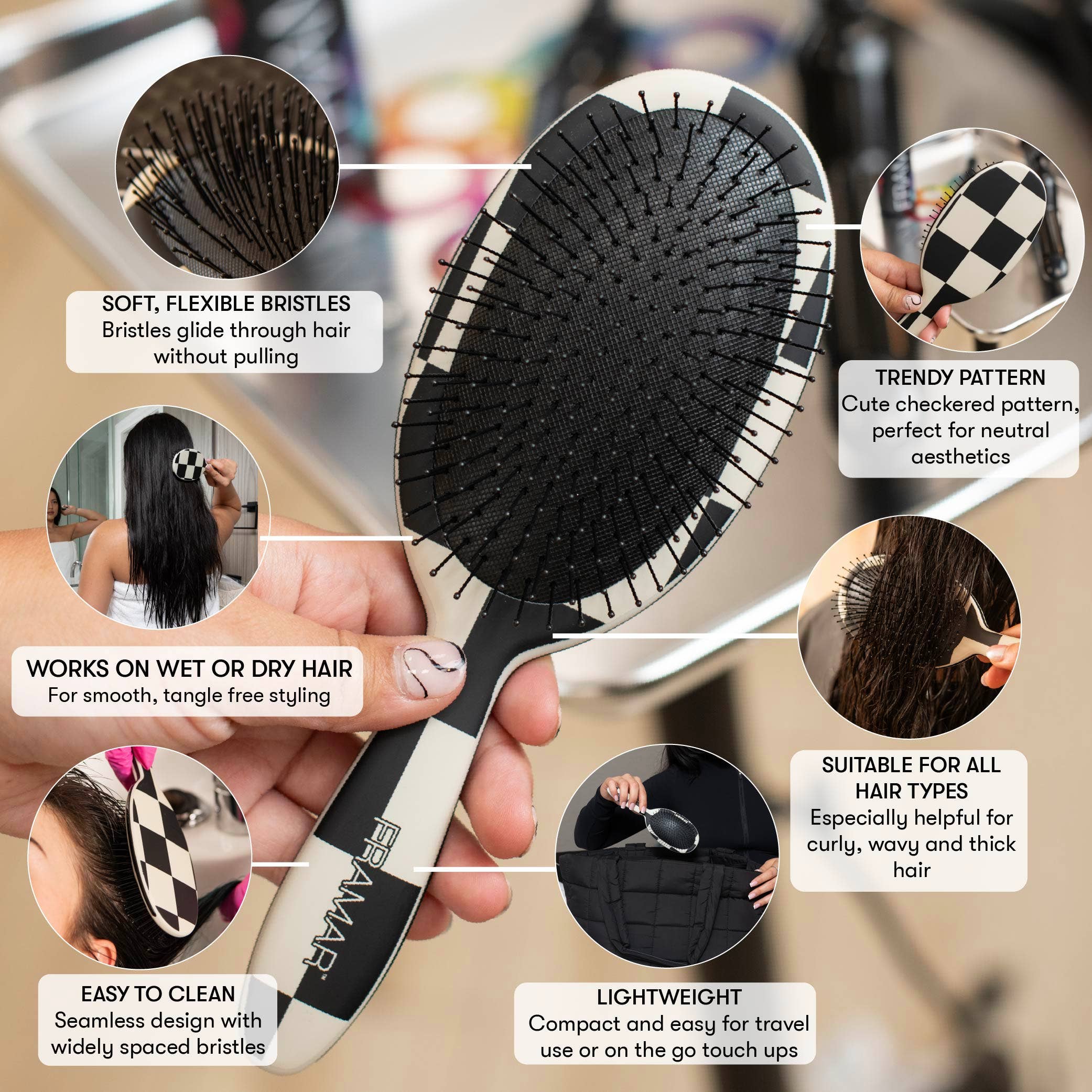 Framar Hair Brushes & Hair Accessories - Wholesale Hair Brush/Comb - FRAMAR Checkered Detangling Brush, Wet Hair Brush Detangler3